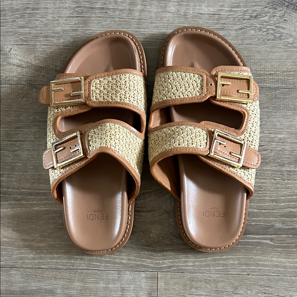 Fendi Beige and Brown Buckle Sandals